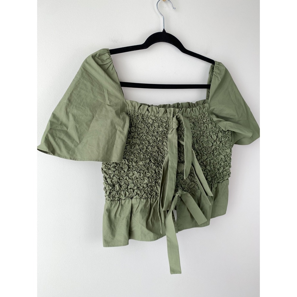 Anthropologie Mare Mare Smocked Bow Tie Top S Olive‎ Green Square Neck Boho - Picture 4 of 10